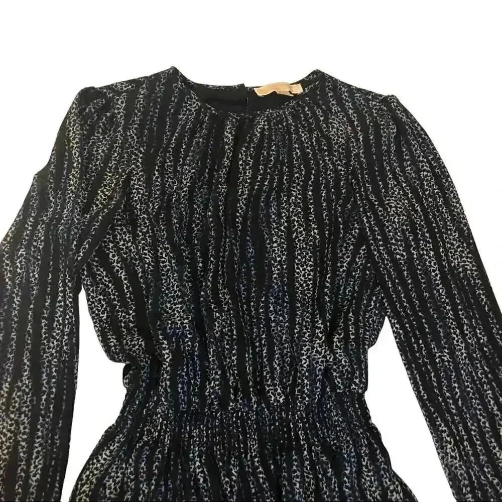 Michael Kors Navy Blue and White Striped Long Sleeve Chiffon Dress Size M